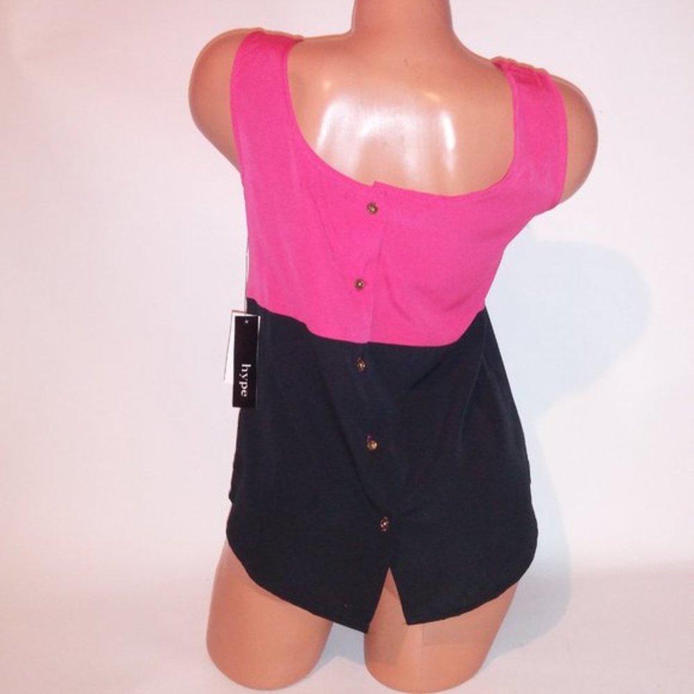 Hype Tank Top Pink Black Colorblock Button Down Back Sleeveless Scoop Neck Small